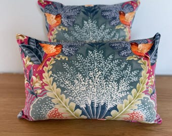Handmade Cushions Babooshka Hot Pink ILIV fabric, Pink and Blue Birds Floral Velvet