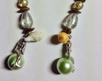 Dangling Mermaid Earrings with Shells & Faux Green Pearls