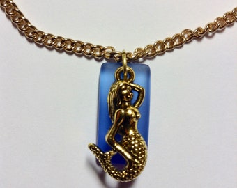 Golden Mermaid on Blue Sea Glass Necklace