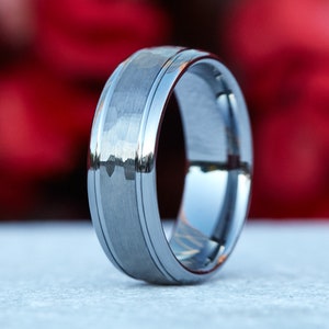 Mens Tungsten Wedding Band, Tungsten Ring, Mens Wedding Ring, Hammered Wedding Ring, Mens Engagement Ring, Engraved Ring, 8MM Wide