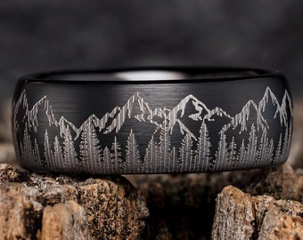 Fir Tree Forest and Mountain Range Mens Wedding Band – Nature Tungsten Ring Wedding Band Mens – Unique Forest Wedding Band with Domed Top