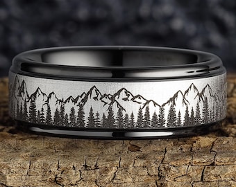 Fir Treen Forest and Mountain Range Ring - Tungsten, Black and Silver Mens Wedding Ring, Unique Wedding Band, 8mm Wide