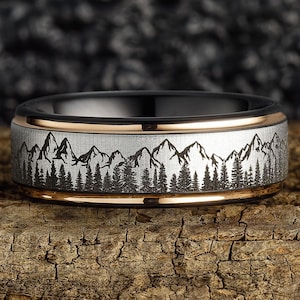 Fir Tree Forest and Mountain Range Mens Wedding Band – Nature Inspired Tungsten Ring Wedding Band  Black/Silver with Rose Gold Edges