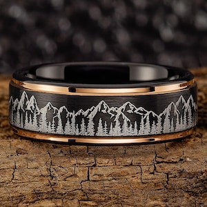 Fir Tree Forest and Mountain Range Mens Wedding Band – Nature Tungsten Ring – Unique Forest Wedding Band Black with Rose Gold Edges