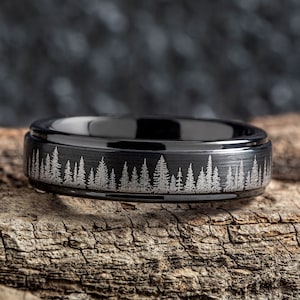 Fir Tree Forest Mens Wedding Band – Nature Tungsten Ring Wedding Band Mens – Unique Forest Wedding Band - 6mm Wide