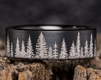 Fir Tree Forest Mens Wedding Band – Nature Tungsten Ring Wedding Band Mens – Unique Forest Wedding Band Black - 8mm Wide
