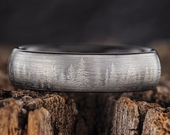 Fir Tree Forest Mens Wedding Band – Nature Tungsten Ring Wedding Band Mens – Unique Forest Black Wedding Band - 6mm wide
