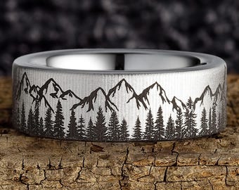 Fir Tree Forest and Mountain Range Pipe Wedding Ring – Pine Tree Forest and Mountains Mens Wedding Band – Nature Tungsten Mens Ring 8mm Wide