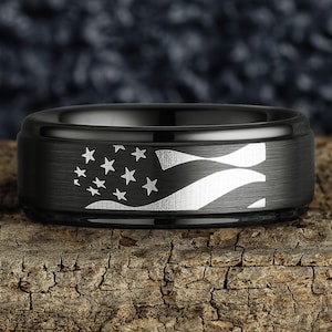 American Flag Black Tungsten Ring, Patriotic Ring, Military Ring, Fourth of July Ring, Wavy American Flag – 8mm Wide