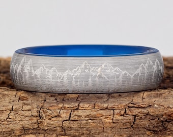 Fir Tree Forest and Mountain Range Mens Wedding Band – Nature Tungsten Wedding Band Mens – Unique Forest and Mountains Blue Band - 6mm wide