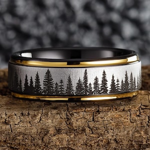 Fir Tree Forest Mens Wedding Band – Nature Tungsten Ring Wedding Band Mens – Unique Forest Wedding Band Black/Silver with Gold Edges