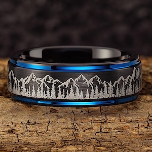 Fir Tree Forest and Mountain Range Mens Wedding Band – Nature Tungsten Mens Ring – Unique  Wedding Band Black with Blue Edges - 8mm Wide