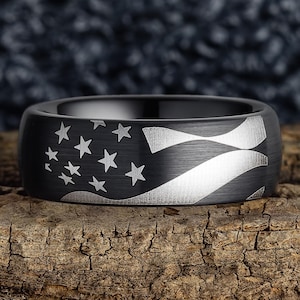 American Flag Black Tungsten Ring, Patriotic Ring, Military Ring, Fourth of July Ring, Wavy American Flag – 8mm Wide - Domed Top