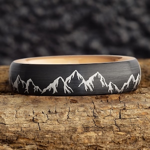 Mountain Range Mens Black Tungsten Wedding Band, Tungsten Ring, Rose Gold Tungsten Wedding Band, Mens Ring, Mountains Mens Wedding Ring, 6mm
