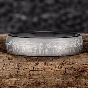 Fir Tree Forest and Mountains Mens Wedding Band – Mountain Range and Forst Tungsten Ring – Unique Forest Black Wedding Band - 6mm wide
