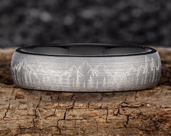 Fir Tree Forest and Mountains Mens Wedding Band – Mountain Range and Forst Tungsten Ring – Unique Forest Black Wedding Band - 6mm wide
