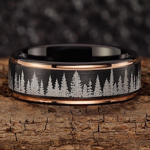 Fir Tree Forest Mens Wedding Band – Nature Tungsten Ring Wedding Band Mens – Unique Forest Wedding Band Black with Rose Gold Edges