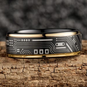 Circuit Board Mens Wedding Band – Computer Science Engagement Ring, Geek Gamer Jewelry, Engraved Nerd Ring - Black with Gold Edges