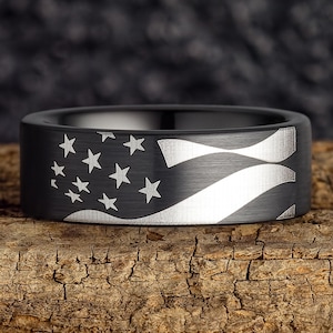 American Flag Tungsten Ring, Patriotic Ring, Military Ring, Fourth of July Ring, Wavy American Flag – 8mm Wide