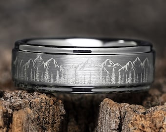 Fir Tree Forest and Mountains Mens Wedding Band – Nature Tungsten Ring Wedding Band Mens – Unique Forest Moutain Range