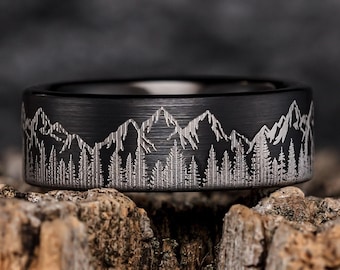 Fir Tree Forest and Mountain Range Mens Wedding Band – Nature Tungsten Ring Wedding Band Mens – Unique Forest Wedding Band Black - 8mm Wide