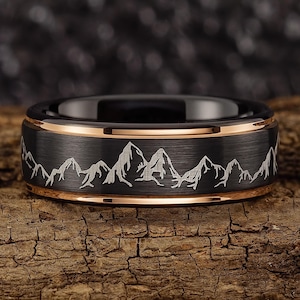 Mountain Range Mens Wedding Band – Nature Tungsten Ring Wedding Band Mens – Unique Forest Wedding Band Black with Rose Gold Edges