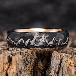 Mountain Range Mens Wedding Band – Nature Black and Rose Gold Wedding Band Mens – Unique Mountains Wedding Band - 6mm Wide