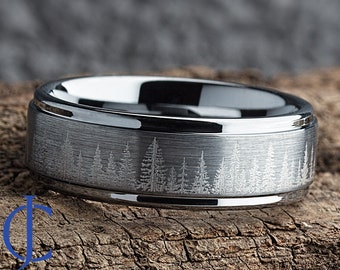 Unique Wedding Ring Silver Tungsten – Pine Tree Forest Wedding Band Mens – Nature Tungsten Mens Ring