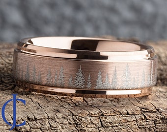 Unique Wedding Ring Rose Gold Tungsten – Pine Tree Forest Wedding Band Mens – Nature Tungsten Mens Ring