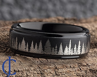 Fir Tree Forest Mens Wedding Band – Nature Tungsten Ring Wedding Band Mens – Unique Forest Wedding Band