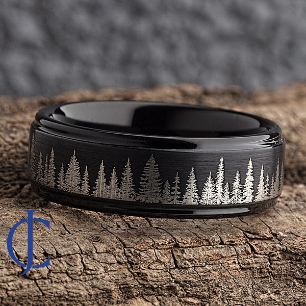 Fir Tree Forest Mens Wedding Band – Nature Tungsten Ring Wedding Band Mens – Unique Forest Wedding Band