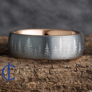 Forest Wedding Ring Rose Gold Tungsten – Pine Tree Forest Wedding Band Mens – Nature Tungsten Mens Ring - 8mm wide