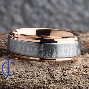 Unique Wedding Ring Rose Gold Tungsten – Pine Tree Forest Wedding Band Mens – Nature Tungsten Mens Ring