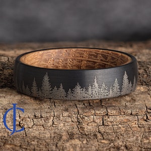 Whiskey Barrel Ring – Fir Tree Forest Mens Wedding Band – Authentic Reclaimed Whiskey Barrel Oak Wood - Mens Ring Nature Ring - 6mm wide