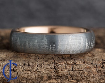 Pine Tree Forest Wedding Ring Rose Gold Tungsten – Wedding Band Mens – Nature Tungsten Mens Ring - 6mm wide