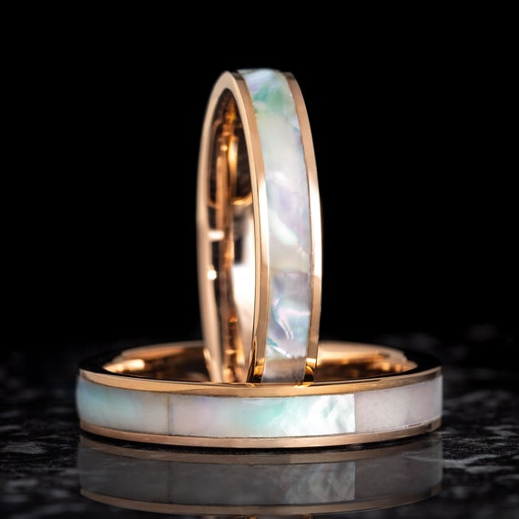 Rose Gold Tungsten Ring with Mother of Pearl Inlay, Womens Ring, Womens Wedding Ring, Female Wedding Band, Engraved Ring, 4MM Wide