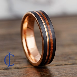 Tungsten Wedding Band, Rose Gold Tungsten Ring, Mens Ring, Male Wedding Band, Black Ring, Mens Promise Ring, Whiskey Barrel Ring, 6MM Wide