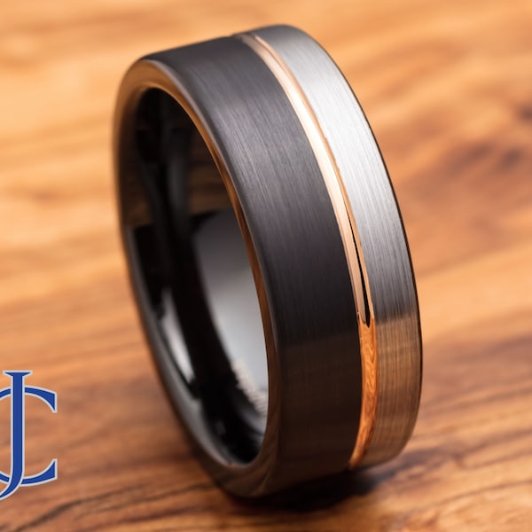 Mens Wedding Band, Black Tungsten Ring, Mens Ring, Male Wedding Band, Rose Gold Inlay, Mens Engagement Ring, Engraved Ring, 8MM Wide