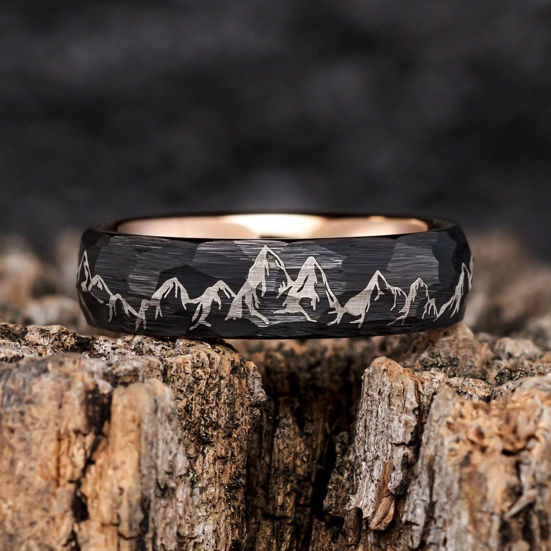 Mountain Range Mens Wedding Band – Nature Black and Rose Gold Wedding ...