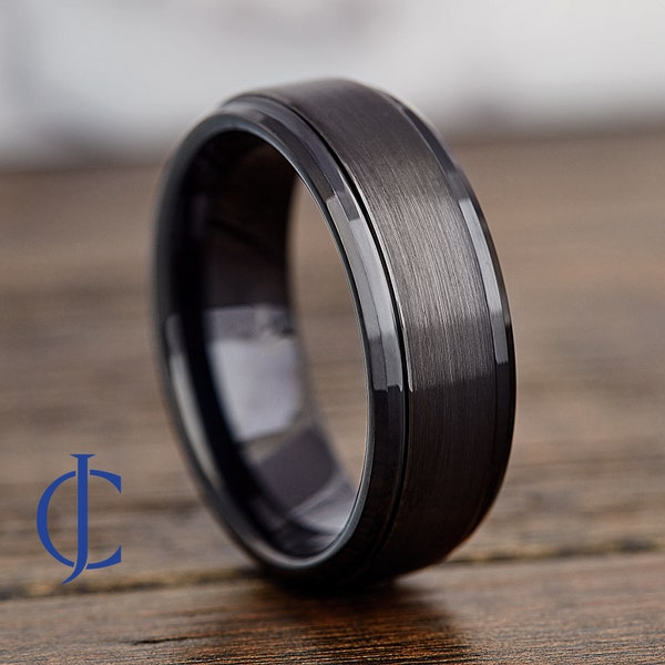 Mens Tungsten Wedding Band, Black Tungsten Ring, Gunmetal Mens Ring, Male Wedding Ring, Mens Engagement Ring, Engraved Ring, 8MM Wide