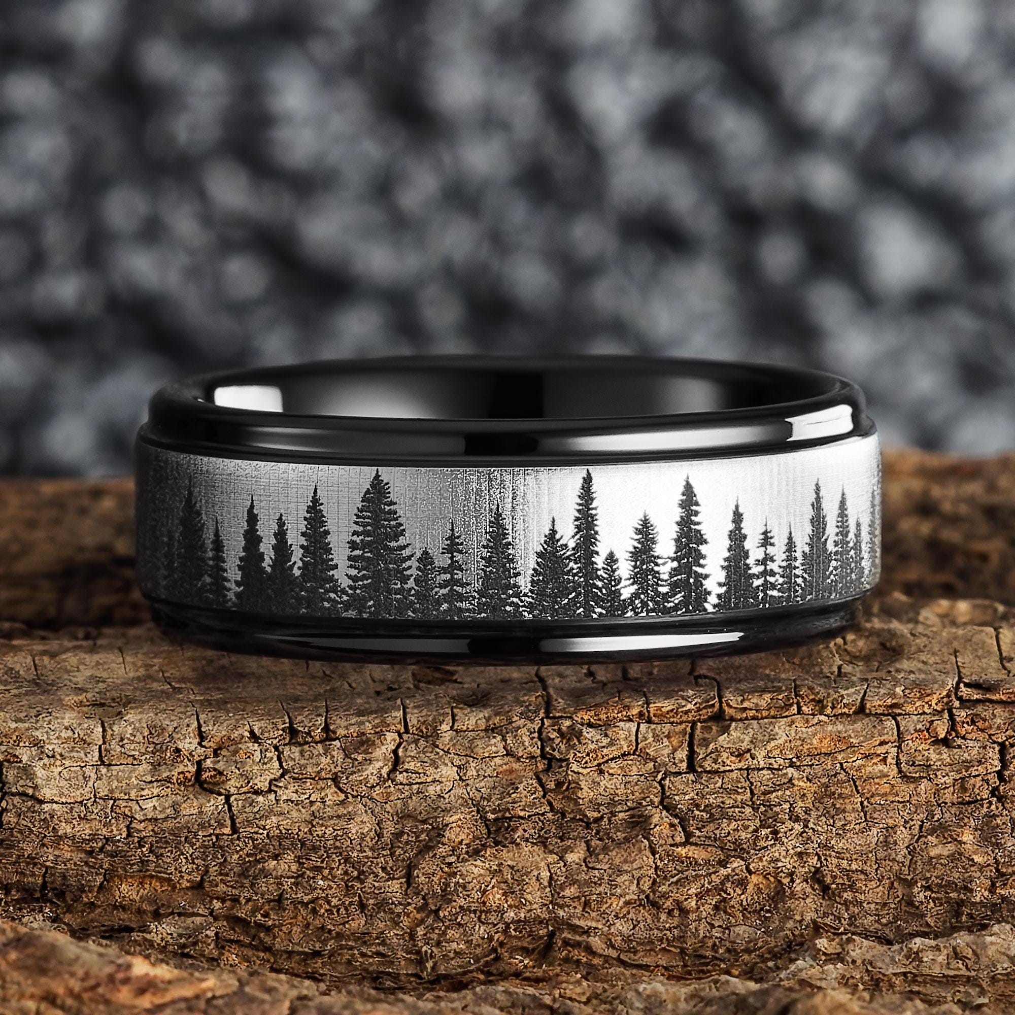 Forester Rings Instruments Fir Tree Forest Ring - Tungsten, Black and Silver Mens Wedding Ring ...
