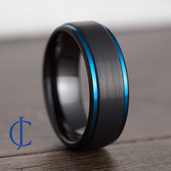 Mens Wedding Band, Mens Ring, Mens Wedding Ring, Male Wedding Band, Blue Ring, Black Ring, Engraved Ring, Unique Wedding Band, 8MM Wide