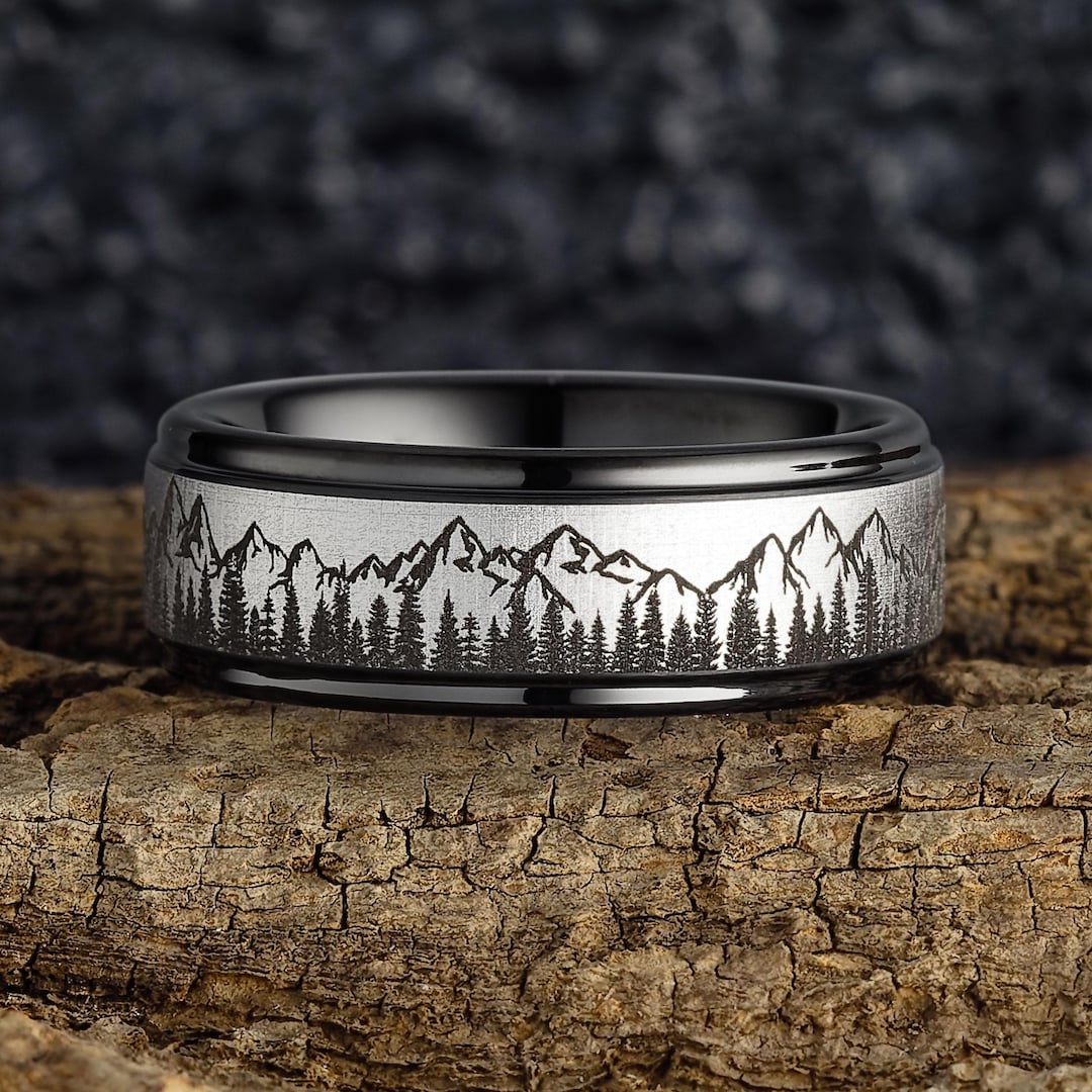 Fir Treen Forest and Mountain Range Ring - Tungsten, Black and Silver ...