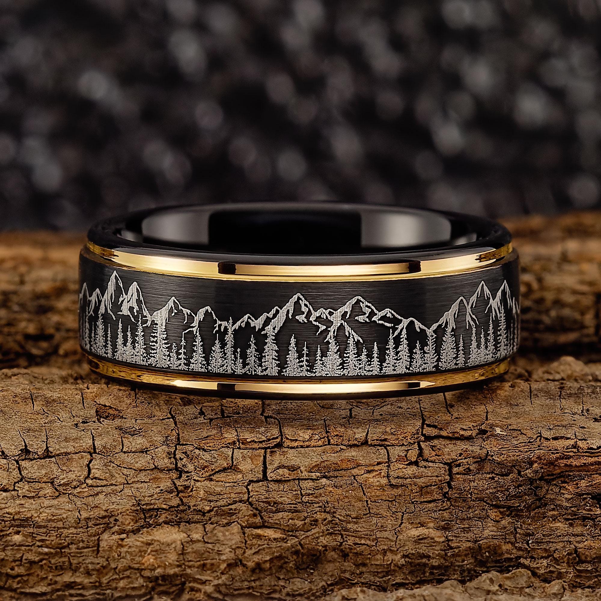 Fir Tree Forest and Mountain Range Mens Wedding Band – Nature Tungsten Ring – Unique Forest and Mountains Wedding Band Black with Gold Edges
