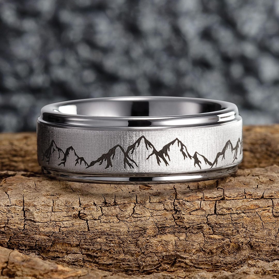 Alpine Rings Mountain Range Wedding Ring Silver Tungsten – Mountains Mens Wedding ...