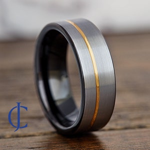 Mens Tungsten Wedding Band, Tungsten Ring, Gold Inlay, Black Ring, Mens Tungsten Wedding Ring, Personalized Ring, 8mm Wide