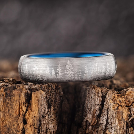 Fir Tree Forest Mens Wedding Band Nature Tungsten Ring Wedding Band Mens Unique Forest Blue Wedding Band 6mm Wide