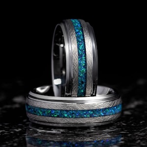Mens Wedding Band, Blue Opal Inlay, Tungsten Wedding Ring, Tungsten Mens Ring, Personalized, 8MM wide