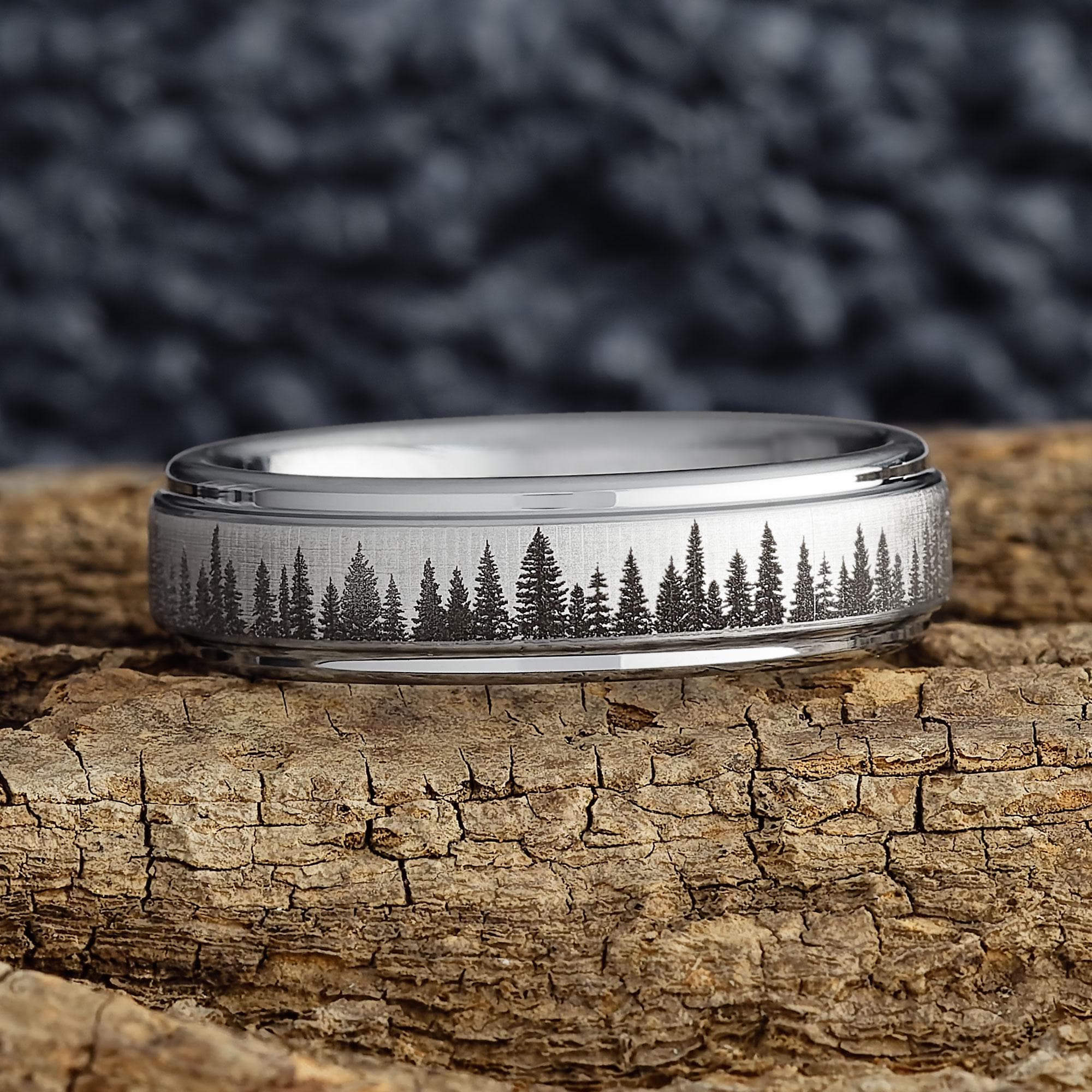 Unique Pine Tree Forest Wedding Ring – Mens Tungsten Wedding Band
