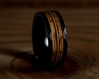 Black Hammered Tungsten Ring with Guitar String and Charred Whiskey Barrel Wood, Whiskey Barrel Wedding Ring, Guitar String Ring, 8mm Wide